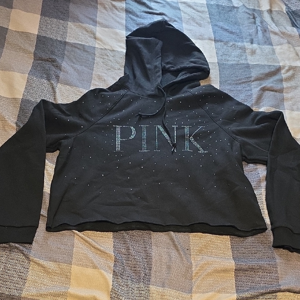 PINK Victoria's Secret Black Rhinestone Cropped Sweater
